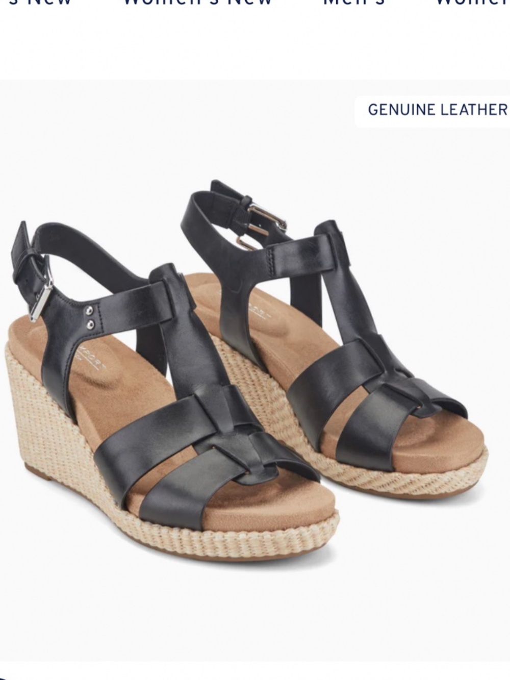NWT Rockport Belle Sandal Wedge Heel Leather Black Adjustable Strap Woven Sz 9